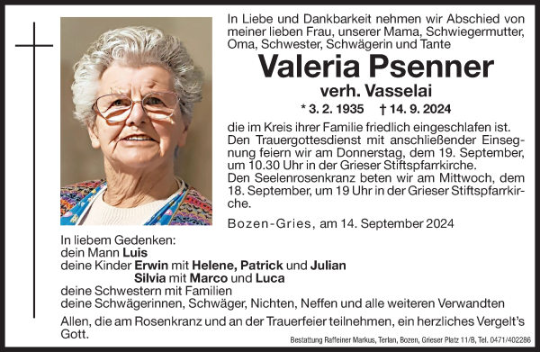 Traueranzeige von Valeria Vasselai von Dolomiten