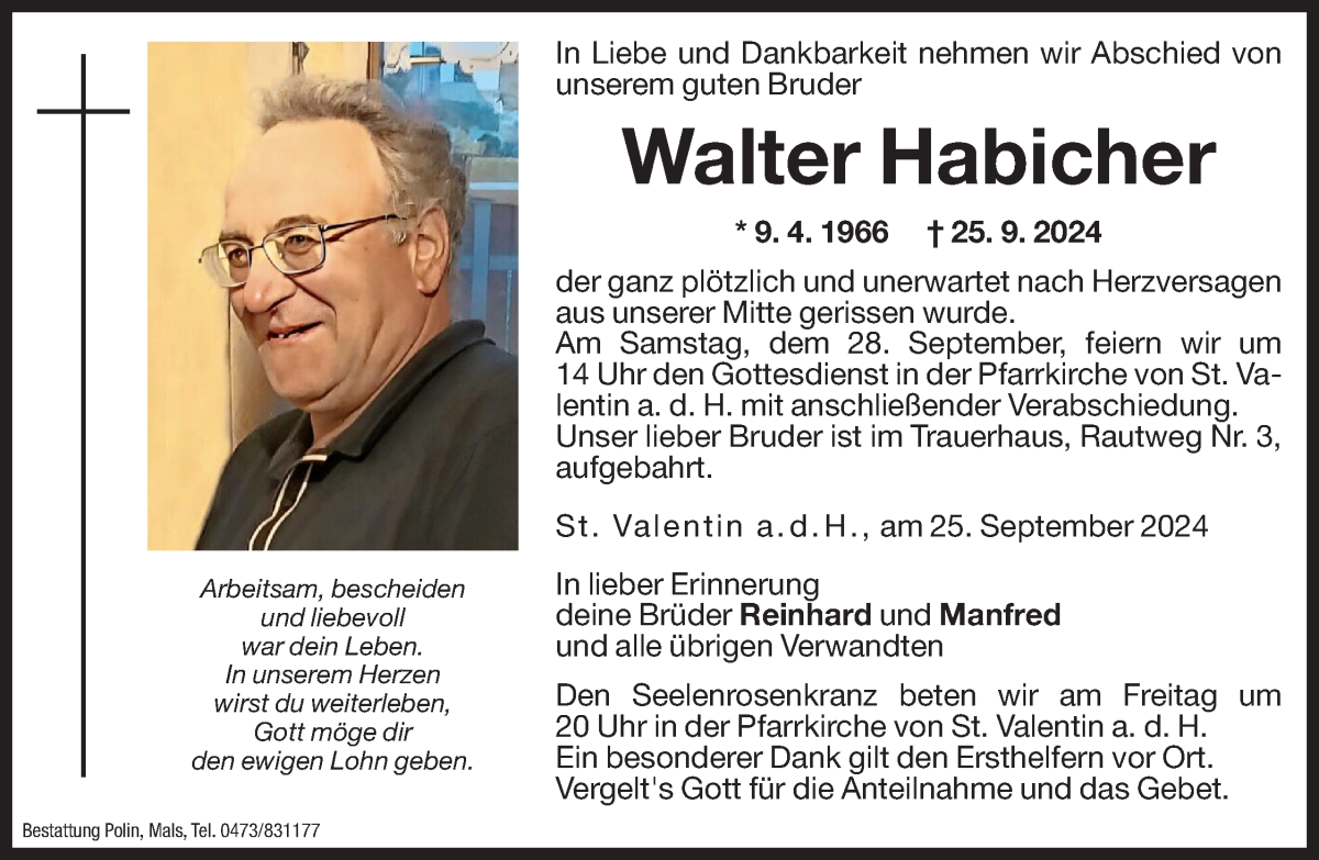  Traueranzeige für Walter Habicher vom 27.09.2024 aus Dolomiten