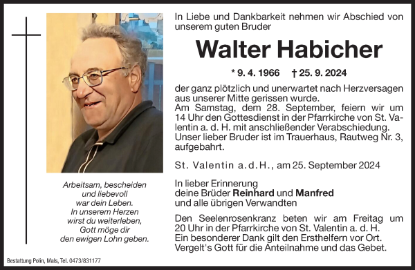 Traueranzeige von Walter Habicher von Dolomiten