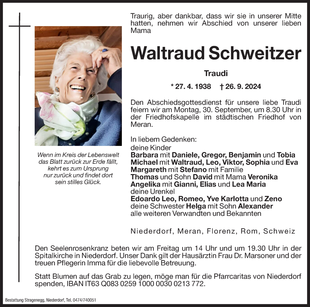  Traueranzeige für Waltraud Schweitzer vom 27.09.2024 aus Dolomiten