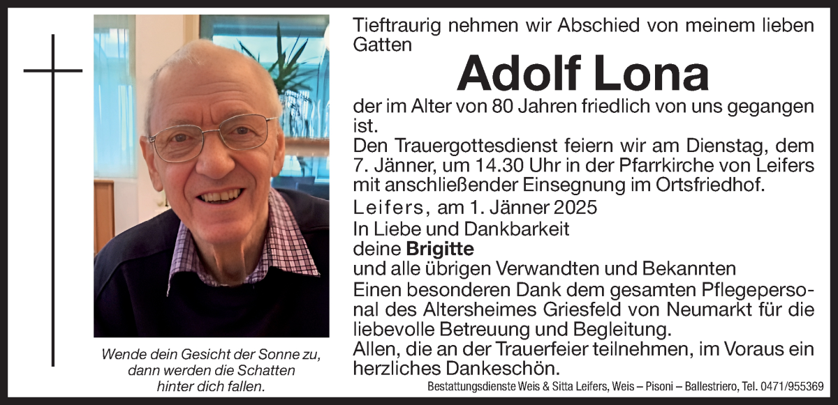  Traueranzeige für Adolf Lona vom 03.01.2025 aus Dolomiten