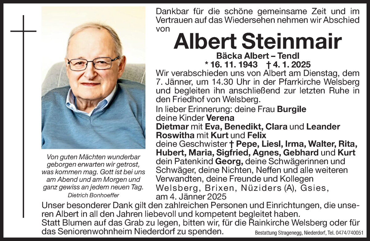  Traueranzeige für Albert Steinmair vom 07.01.2025 aus Dolomiten