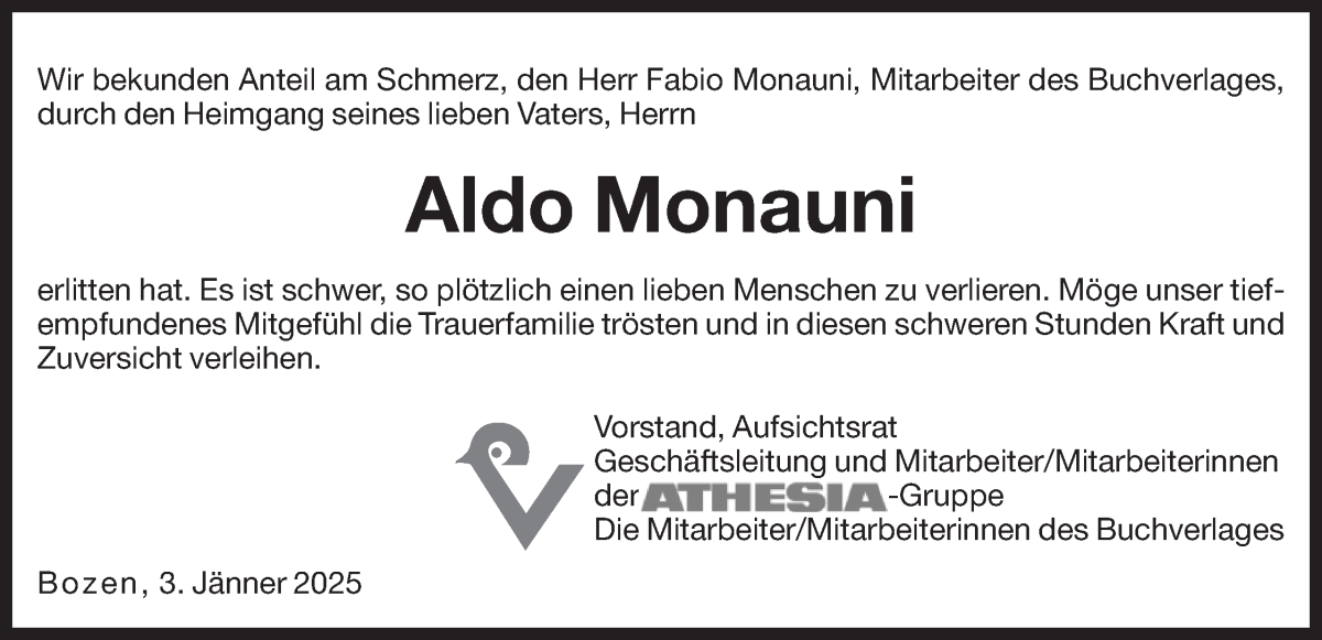  Traueranzeige für Aldo Monauni vom 03.01.2025 aus Dolomiten