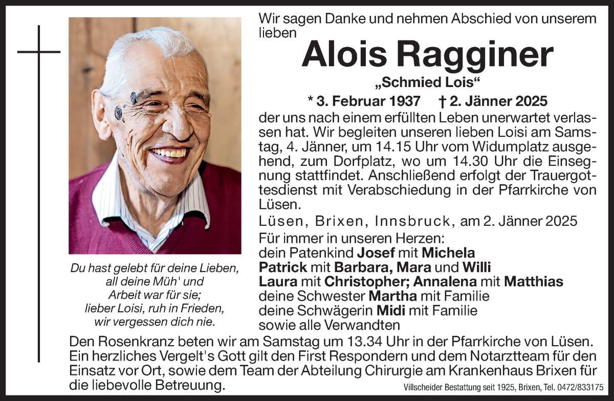  Traueranzeige für Alois Ragginer vom 04.01.2025 aus Dolomiten