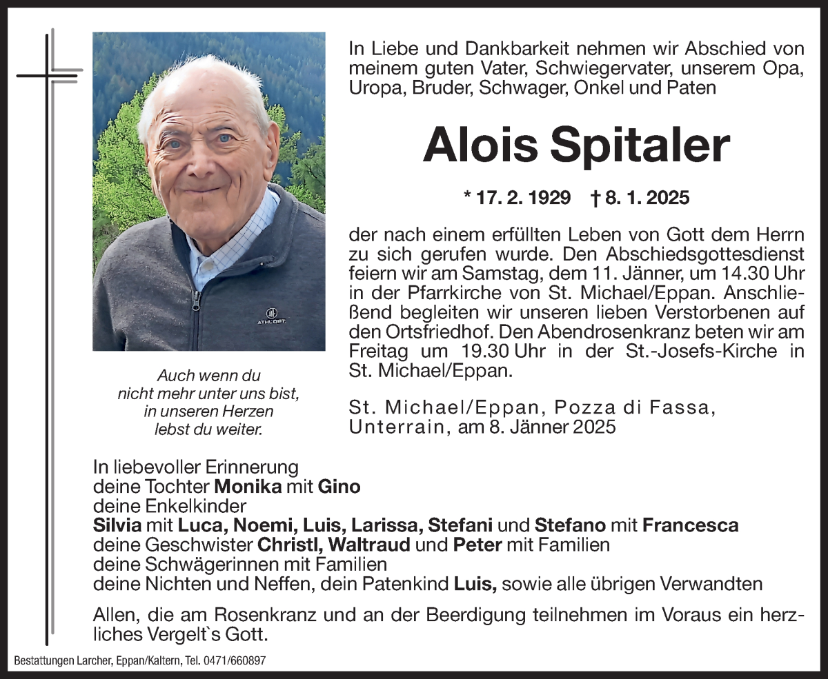  Traueranzeige für Alois Spitaler vom 09.01.2025 aus Dolomiten