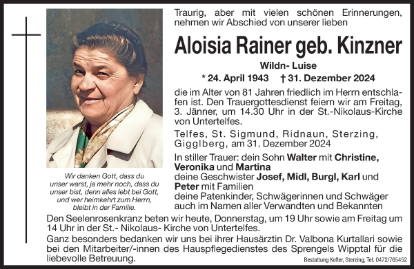 Traueranzeige von Aloisia Rainer von Dolomiten