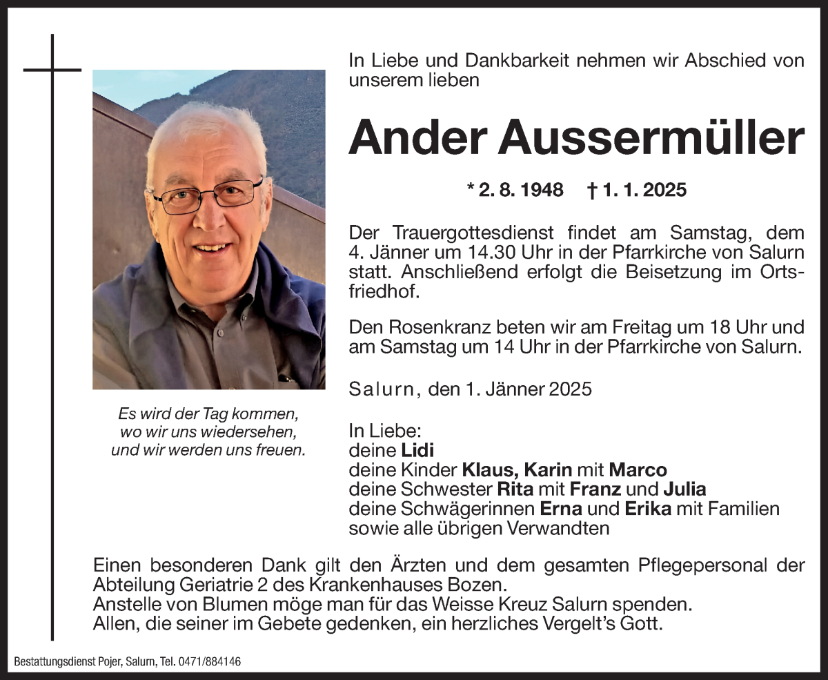  Traueranzeige für Ander Aussermüller vom 02.01.2025 aus Dolomiten