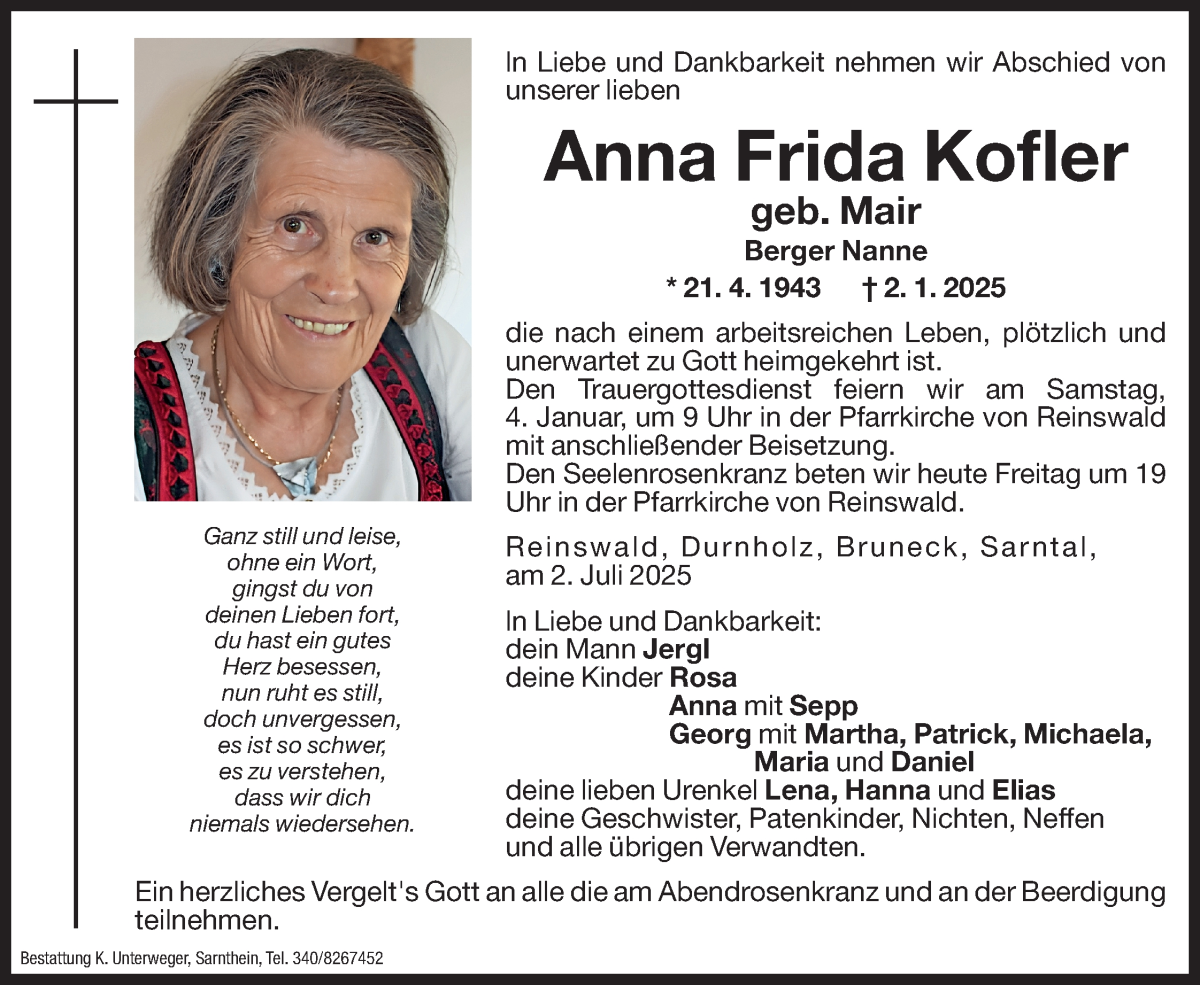  Traueranzeige für Anna Frida Kofler vom 03.01.2025 aus Dolomiten