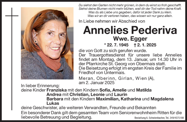 Traueranzeige von Annelies Egger von Dolomiten