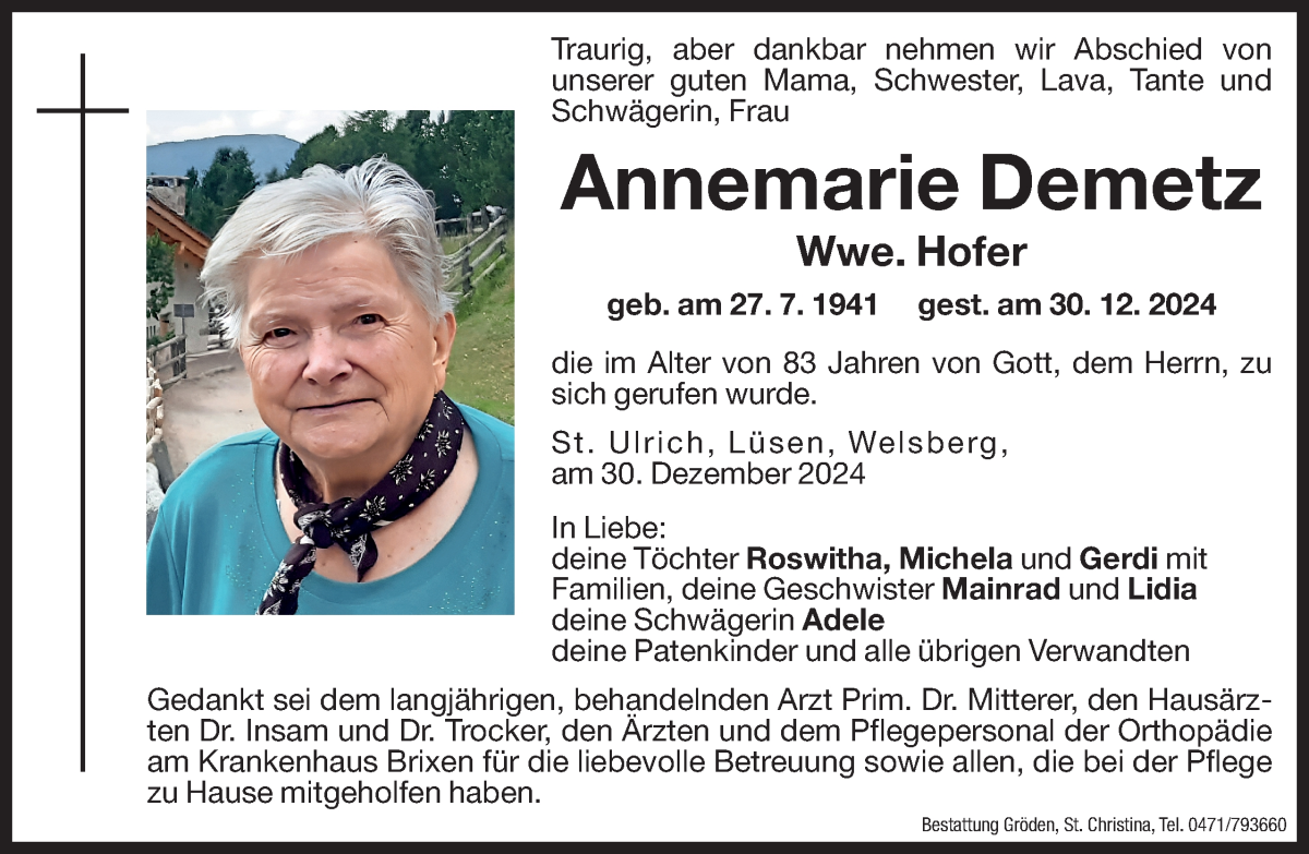  Traueranzeige für Annemarie Hofer vom 02.01.2025 aus Dolomiten