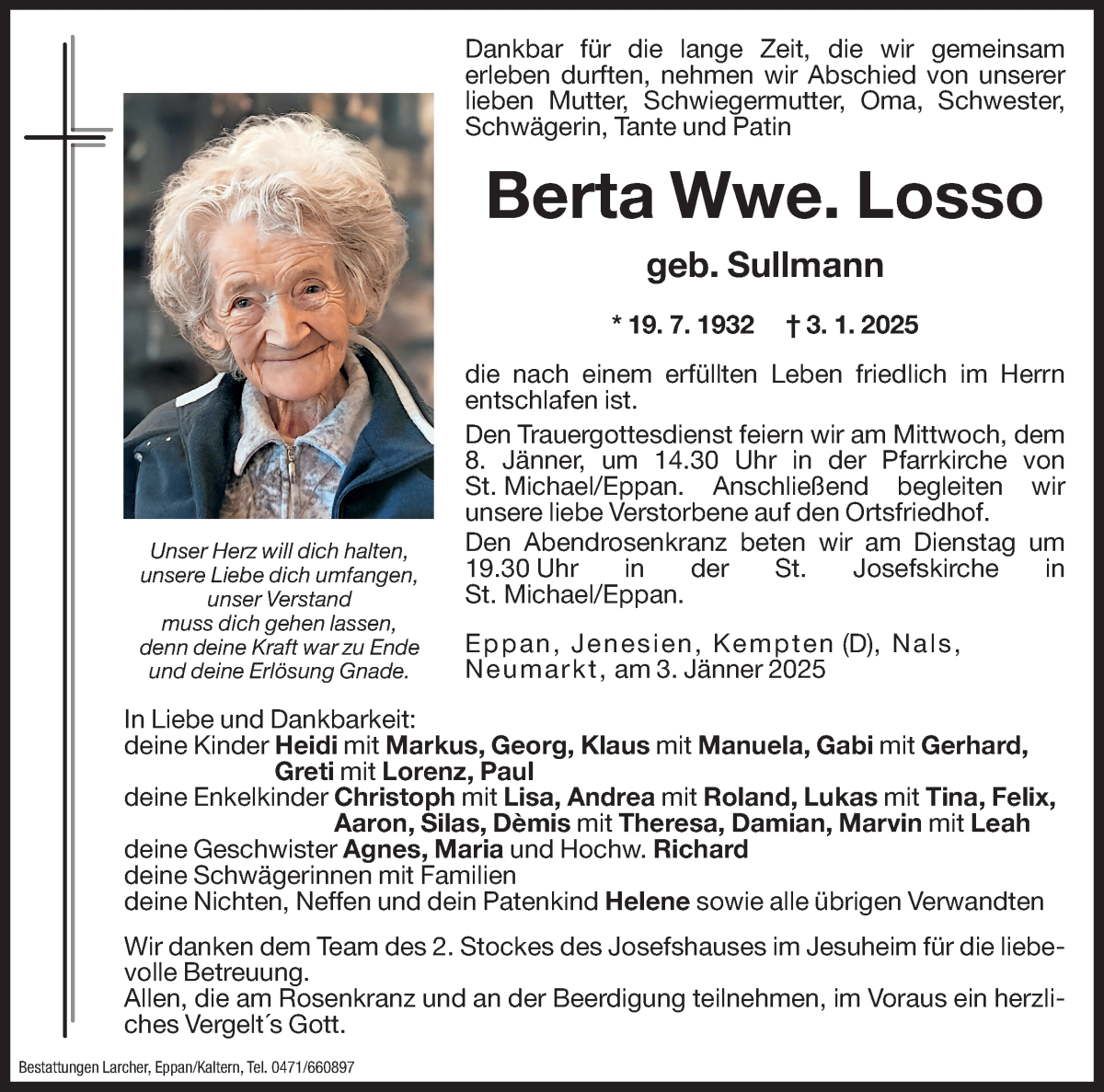  Traueranzeige für Berta Losso vom 04.01.2025 aus Dolomiten