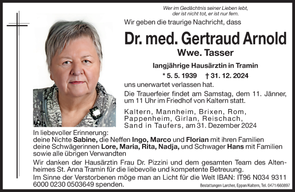 Traueranzeige von Dr. med. Gertraud Tasser von Dolomiten