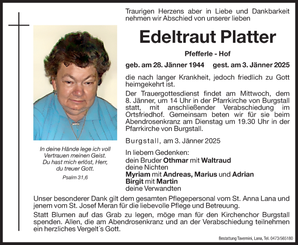 Traueranzeige von Edeltraut Platter von Dolomiten
