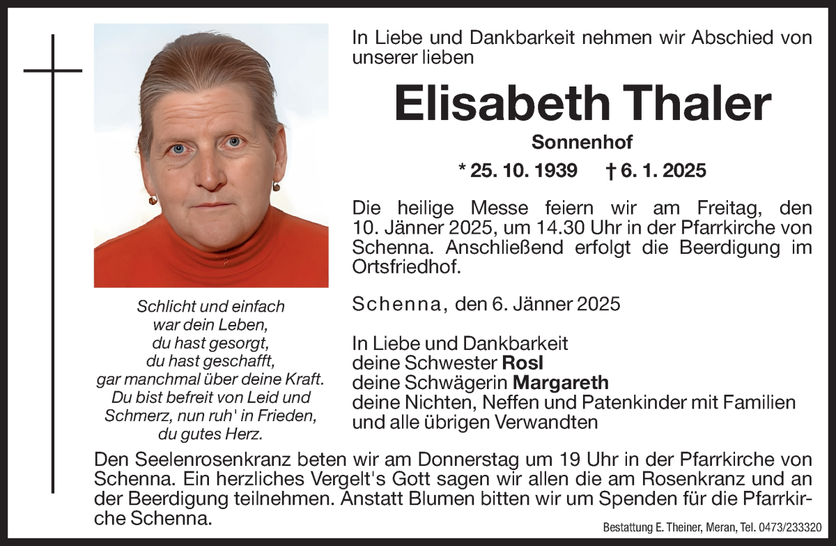  Traueranzeige für Elisabeth Thaler vom 08.01.2025 aus Dolomiten