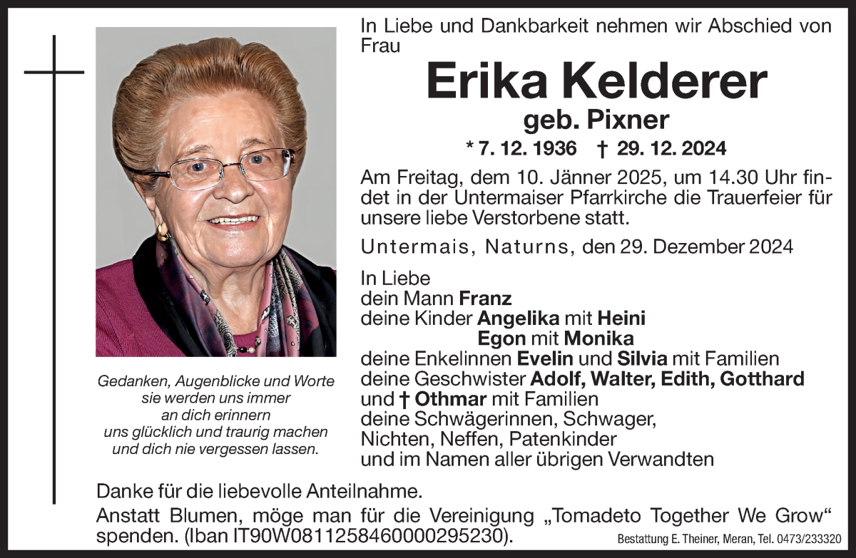  Traueranzeige für Erika Kelderer vom 08.01.2025 aus Dolomiten