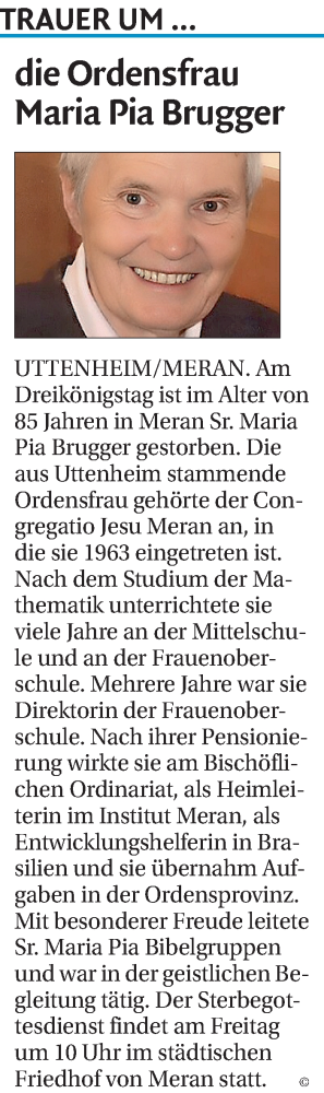 Traueranzeige von Sr. Maria Pia Brugger CJ von Dolomiten