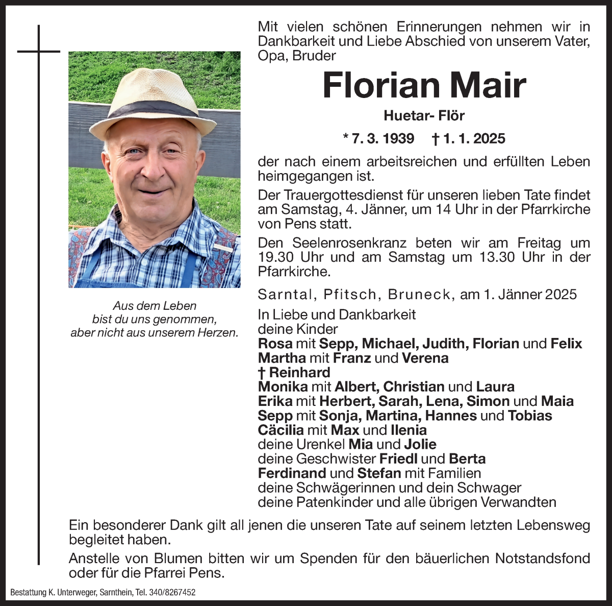  Traueranzeige für Florian Mair vom 03.01.2025 aus Dolomiten