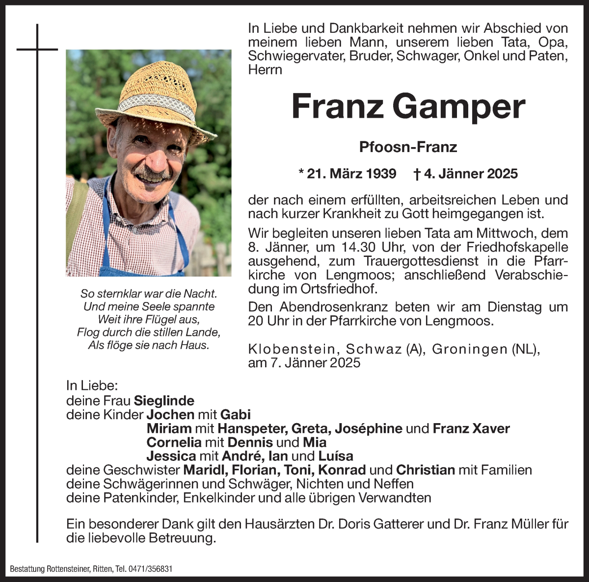  Traueranzeige für Franz Gamper vom 07.01.2025 aus Dolomiten