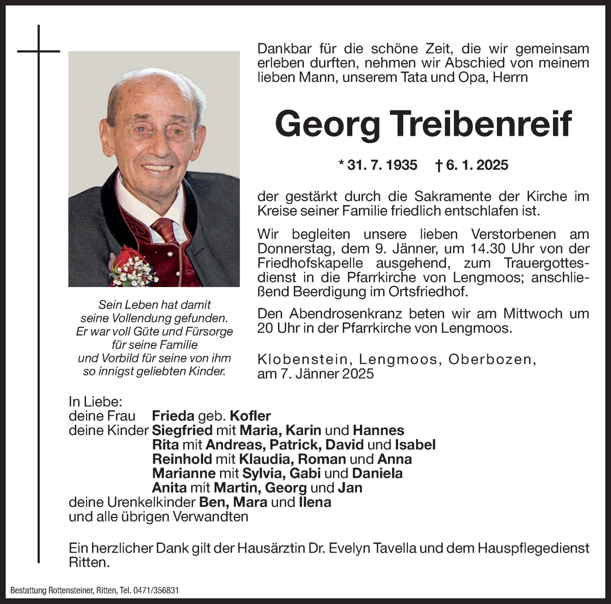  Traueranzeige für Georg Treibenreif vom 07.01.2025 aus Dolomiten