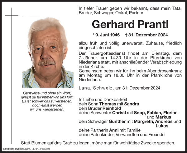 Traueranzeige von Gerhard Prantl von Dolomiten