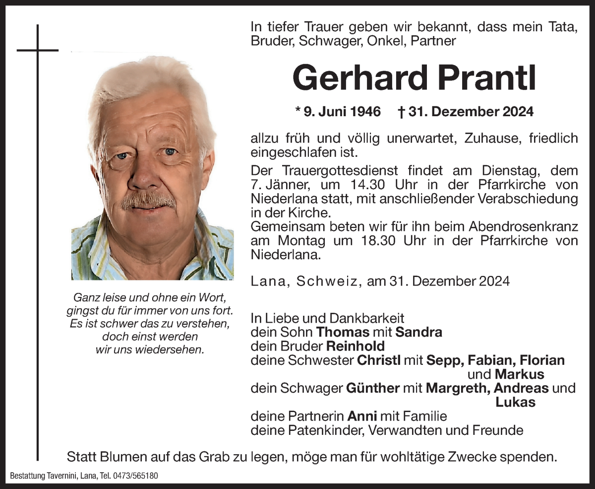  Traueranzeige für Gerhard Prantl vom 04.01.2025 aus Dolomiten