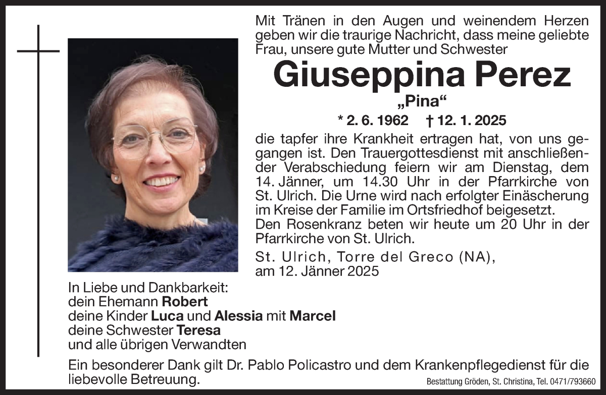  Traueranzeige für Giuseppina Perez vom 13.01.2025 aus Dolomiten