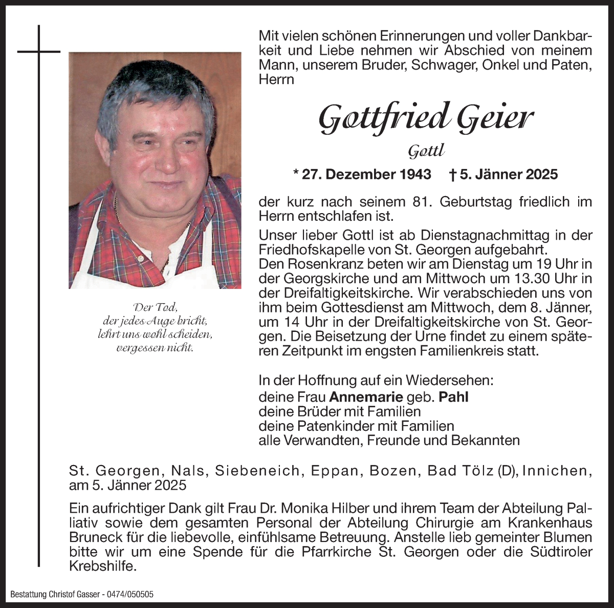  Traueranzeige für Gottfried Geier vom 07.01.2025 aus Dolomiten