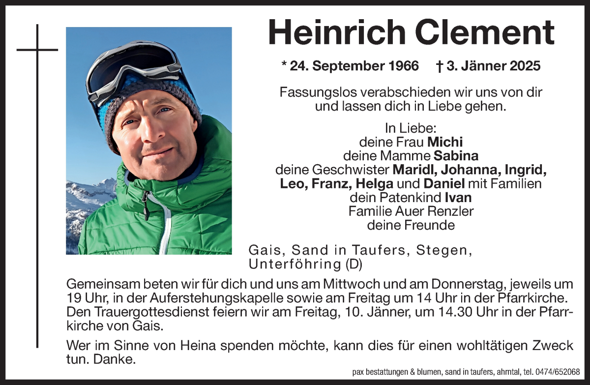  Traueranzeige für Heinrich Clement vom 08.01.2025 aus Dolomiten