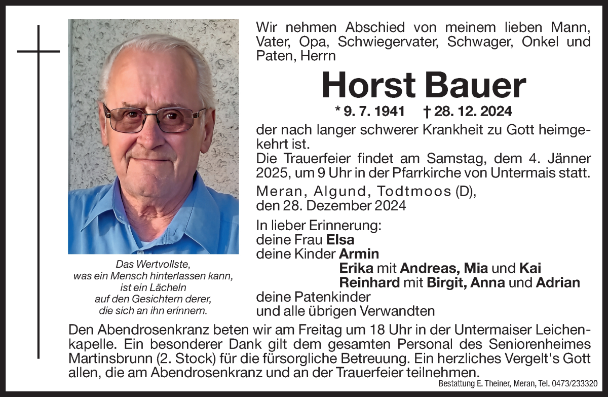  Traueranzeige für Horst Bauer vom 03.01.2025 aus Dolomiten