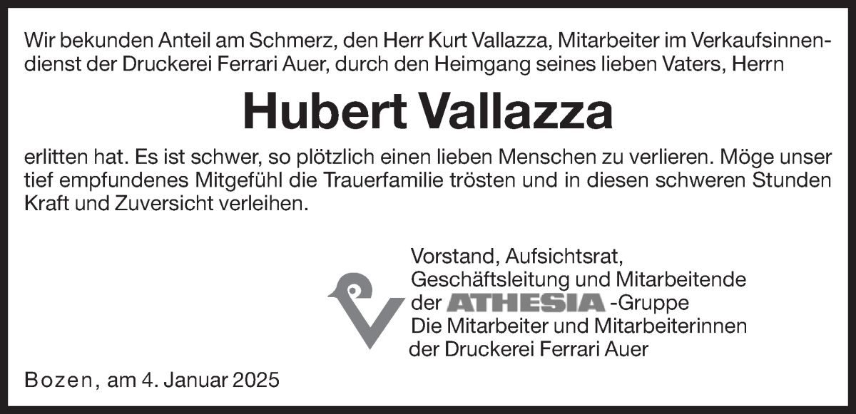  Traueranzeige für Hubert Vallazza vom 08.01.2025 aus Dolomiten