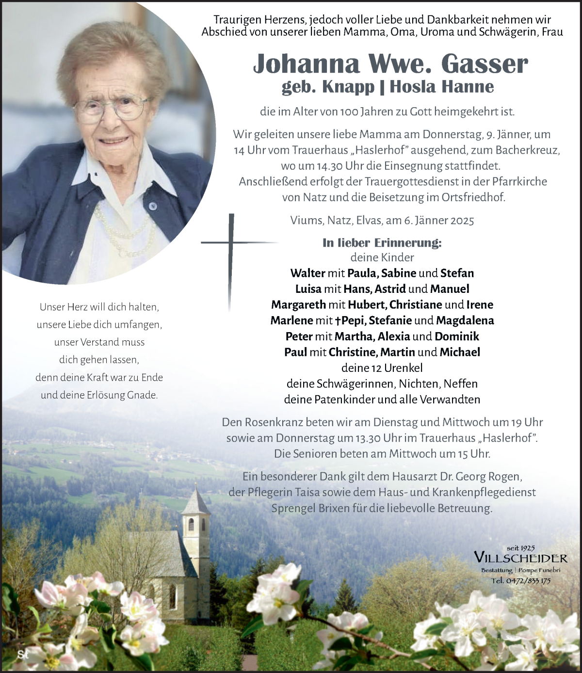  Traueranzeige für Johanna Gasser vom 07.01.2025 aus Dolomiten