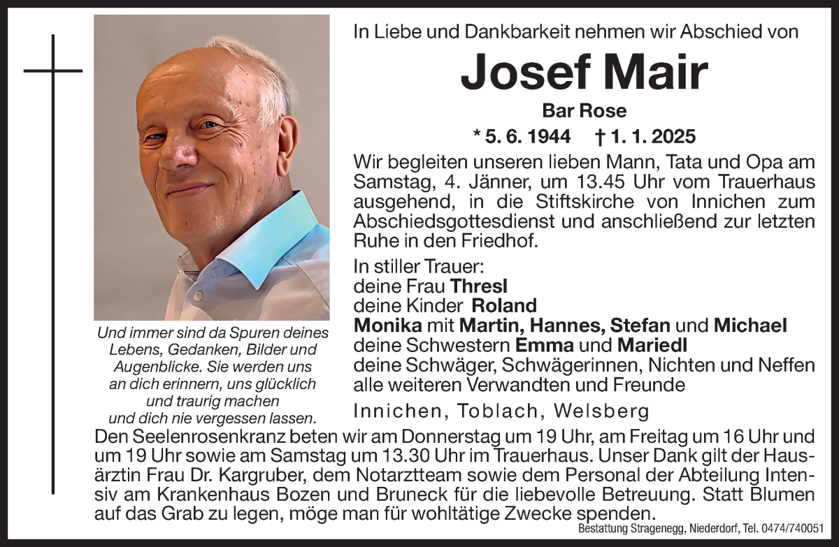  Traueranzeige für Josef Mair vom 02.01.2025 aus Dolomiten