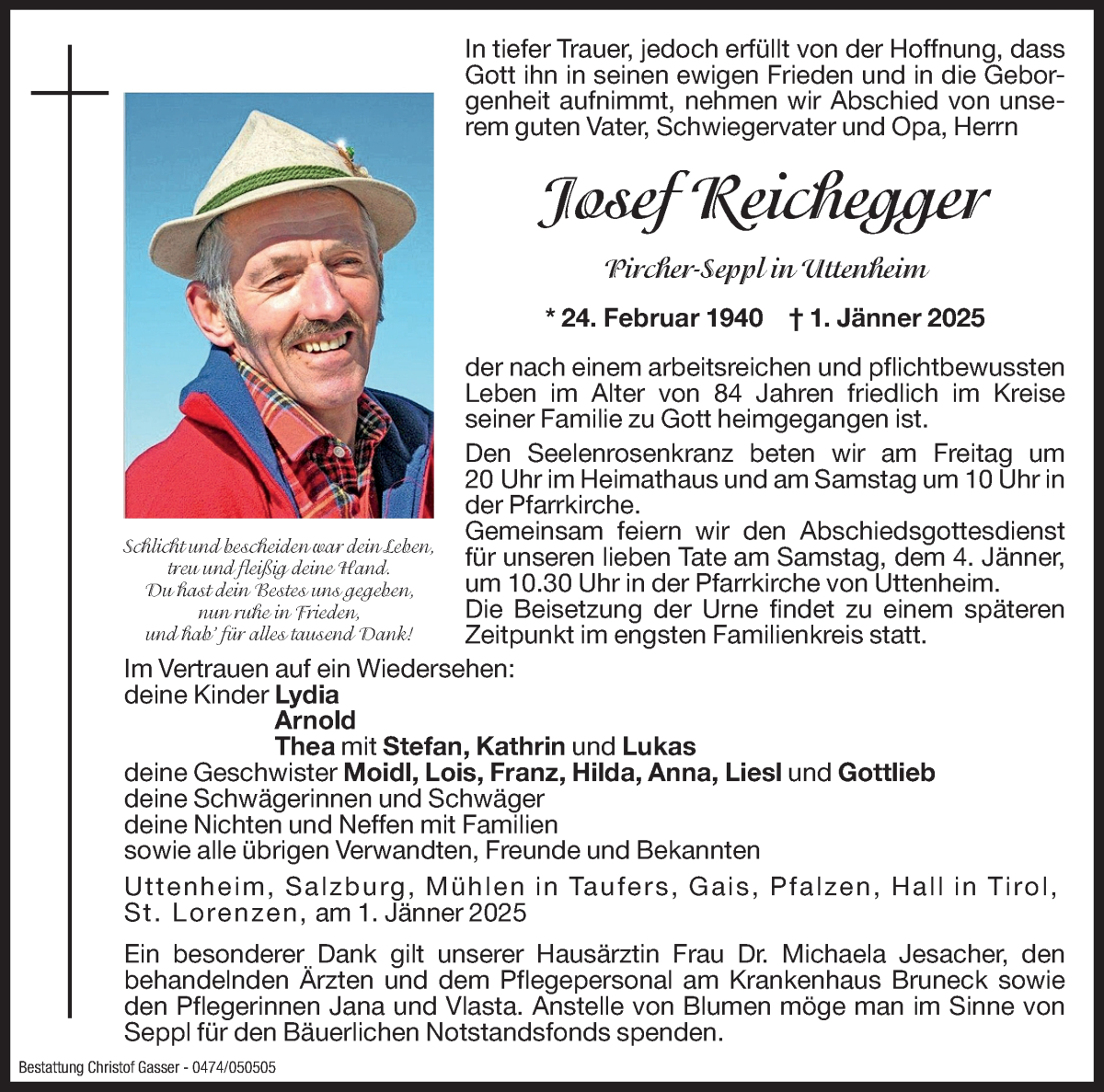  Traueranzeige für Josef Reichegger vom 03.01.2025 aus Dolomiten