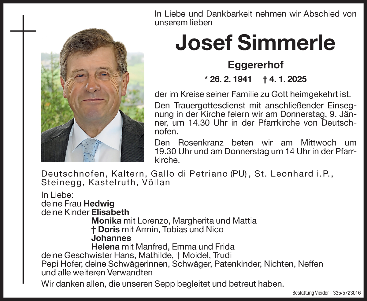  Traueranzeige für Josef Simmerle vom 07.01.2025 aus Dolomiten