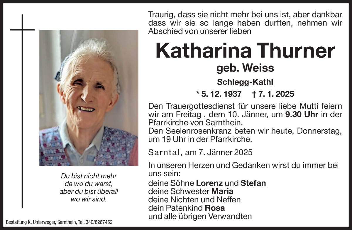  Traueranzeige für Katharina Thurner vom 09.01.2025 aus Dolomiten