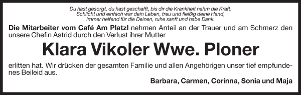 Traueranzeige von Klara Ploner von Dolomiten