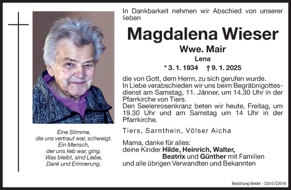 Traueranzeige von Magdalena Wieser von Dolomiten