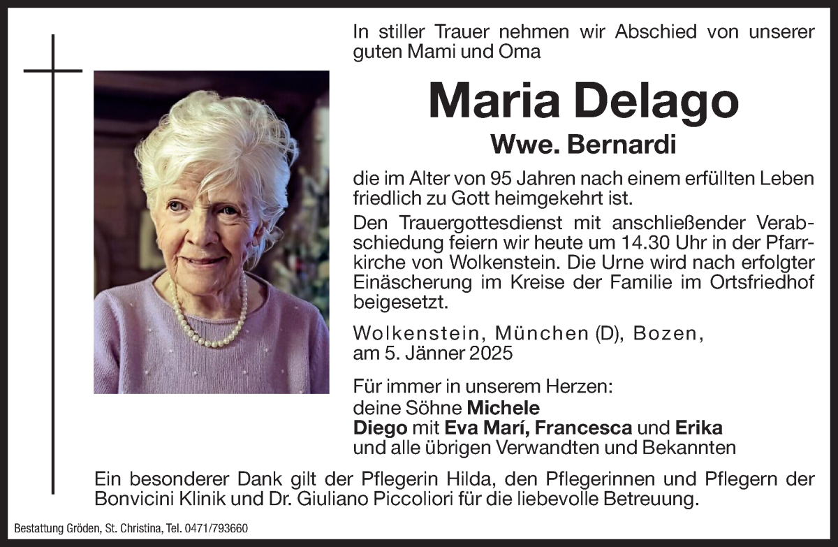  Traueranzeige für Maria Bernardi vom 07.01.2025 aus Dolomiten