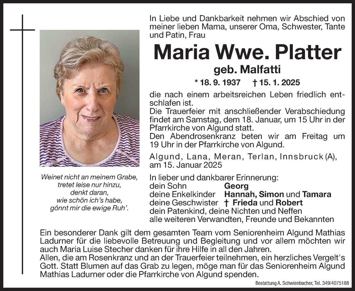  Traueranzeige für Maria Platter vom 16.01.2025 aus Dolomiten