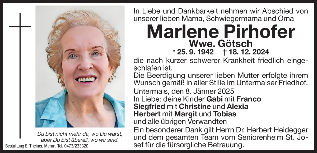  Traueranzeige für Marlene Götsch vom 08.01.2025 aus Dolomiten