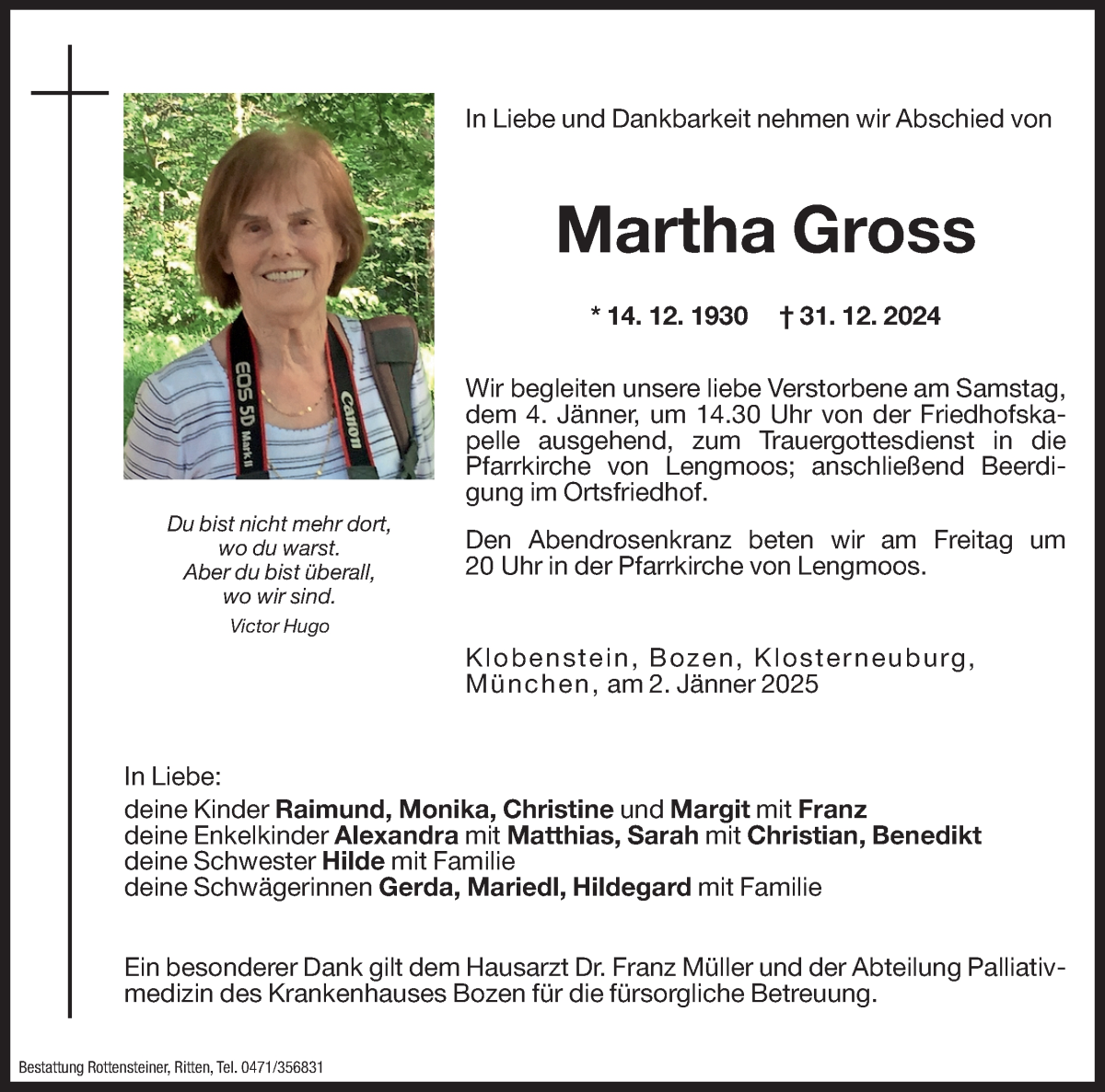  Traueranzeige für Martha Gross vom 02.01.2025 aus Dolomiten