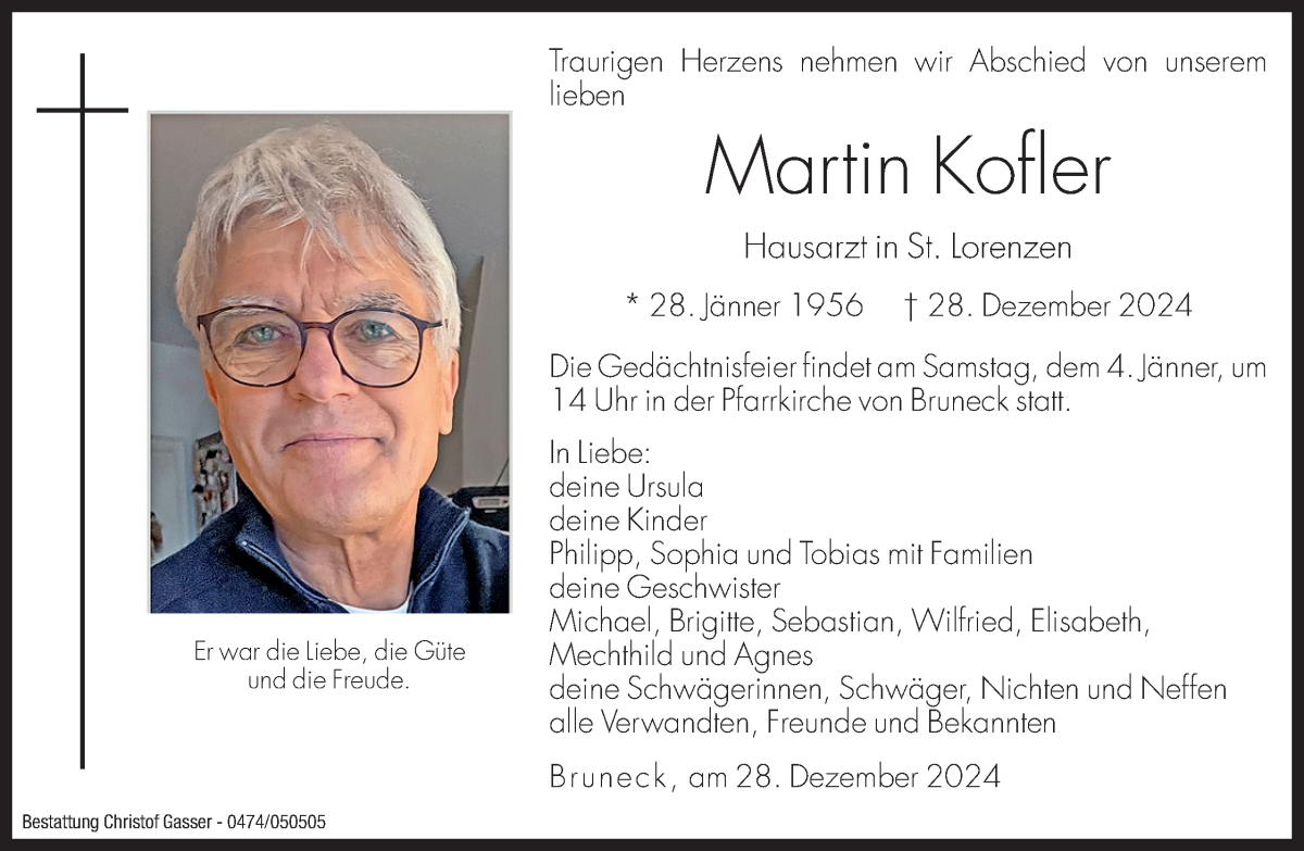  Traueranzeige für Martin Kofler vom 02.01.2025 aus Dolomiten