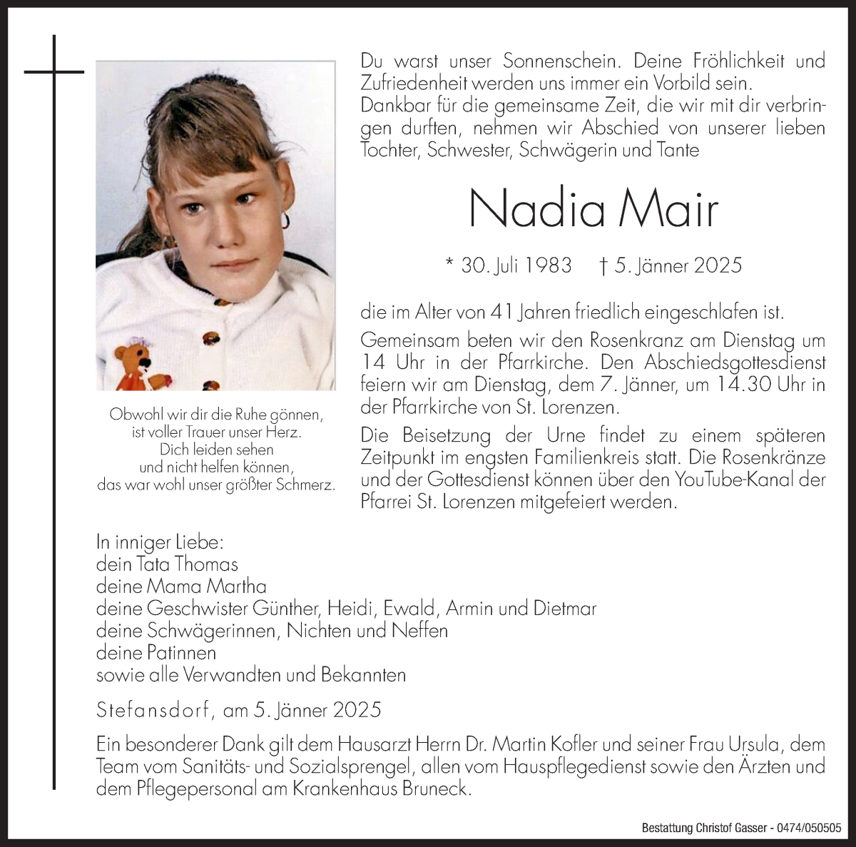  Traueranzeige für Nadia Mair vom 07.01.2025 aus Dolomiten