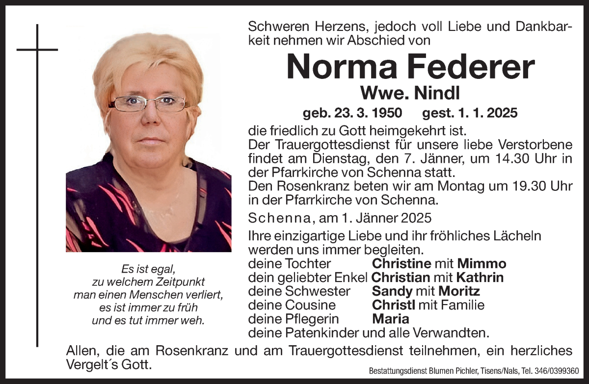  Traueranzeige für Norma Nindl vom 04.01.2025 aus Dolomiten