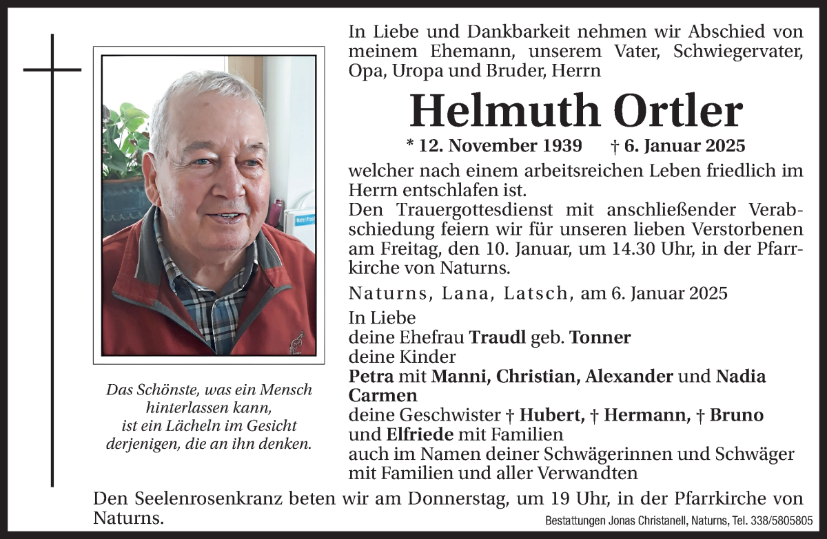  Traueranzeige für Helmuth Ortler vom 08.01.2025 aus Dolomiten