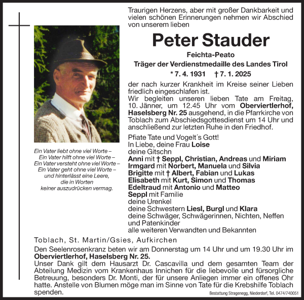 Traueranzeige von Peter Stauder von Dolomiten