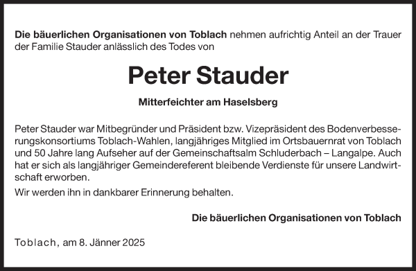 Traueranzeige von Peter Stauder von Dolomiten