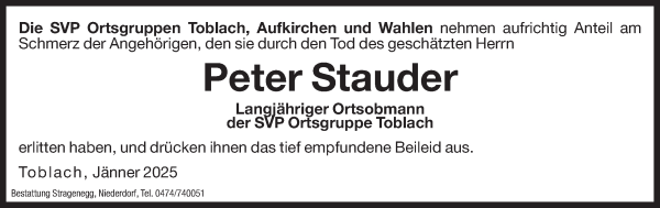 Traueranzeige von Peter Stauder von Dolomiten