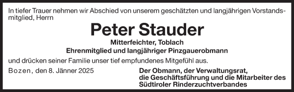 Traueranzeige von Peter Stauder von Dolomiten