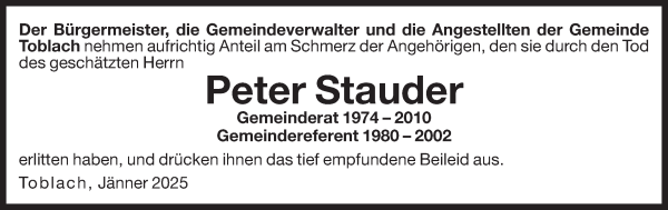 Traueranzeige von Peter Stauder von Dolomiten